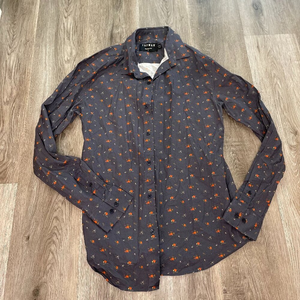 Top Man Muscle Fit Large Button Up Long Sleeve Navy Floral
